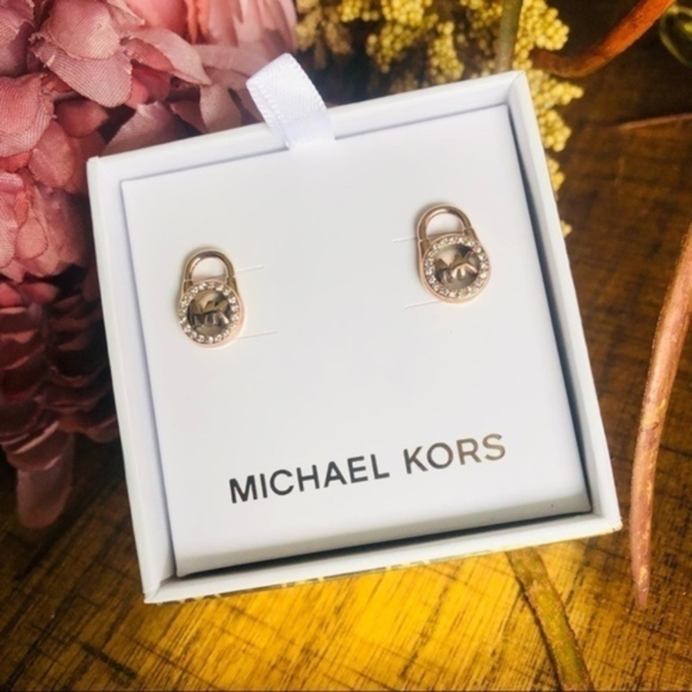Michael Kors Rose Gold Lock Stud Earrings Pavé Crystal NWT